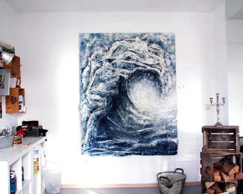 Die Welle 2017, Acryl auf Sackleinen – Mörtel, 1.80 x 1.40 m | Katja Meier-Chromik, Künstlerin