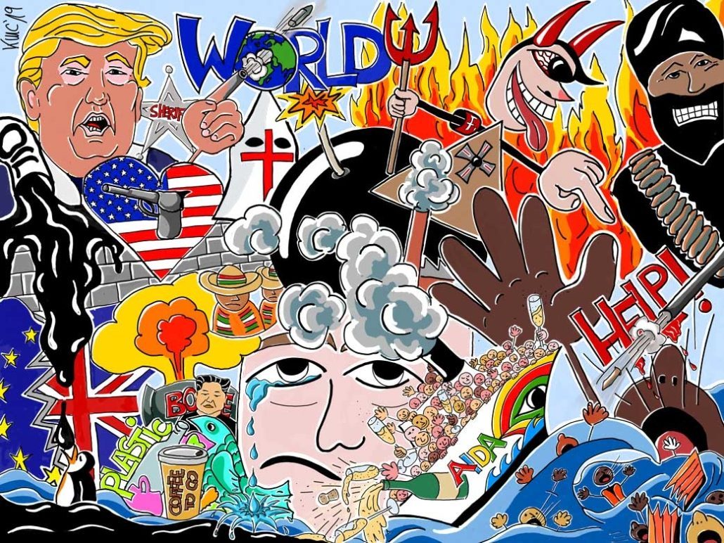 Wimmelbild "Kranke Welt" gemalt von Katja Meier-Chromik