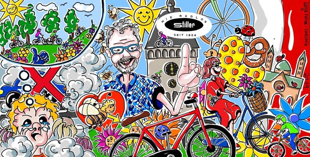 Wimmelbild Fahrradladen gemalt von Katja Meier-Chromik