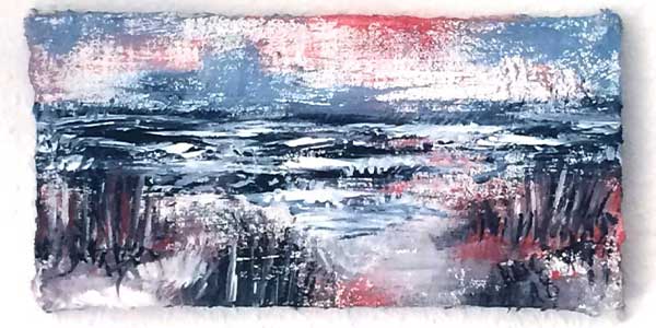 Meer-Dünen 01 rot/blau 2018, Acryl auf Sackleinen – Mörtel, 15/30cm | Katja Meier-Chromik, Künstlerin